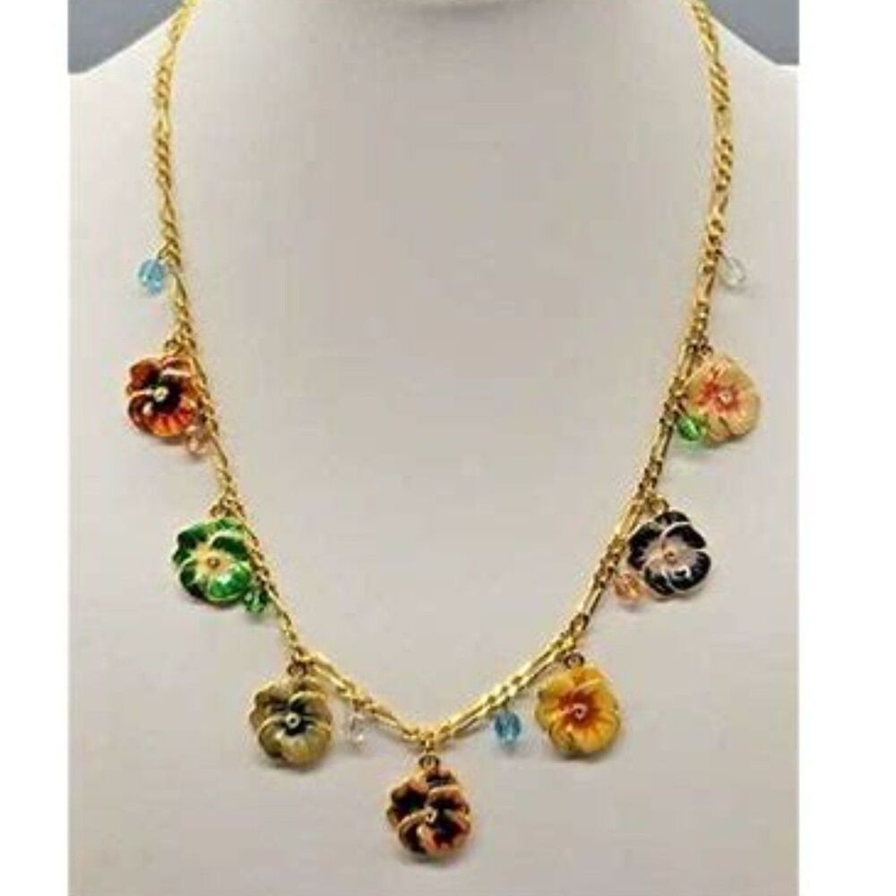 Rare Vintage Joan Rivers Enameled Pansy Charm Necklace